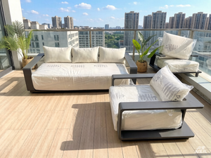 Modern Eco-Friendly 3 Seat Aluminum & Teak Wood Sofa Lounge and Armchair Set with Weather Resistant Outdoor Patio Seating - Product Image 3