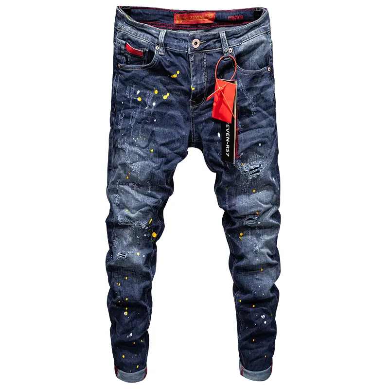 Hot sale New Men Stretchy Ripped Skinny Biker Spray paint Jeans Destroyed Hole Taped Slim Fit Denim Scratched High Quality Jeans