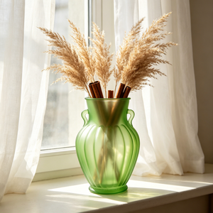 Jarrón de Vidrio Tipo Ánfora Verde Amarillo <span class=keywords><strong>con</strong></span> Ranuras y Asas, Decoración para Mesa de Boda o Hogar, Florero Moderno de Vidrio - Product Image 1