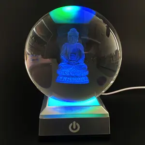 Boule de cristal gravée sphère de verre pour Souvenirs cadeau bouddha boule de cristal Laser 3d avec base lumineuse