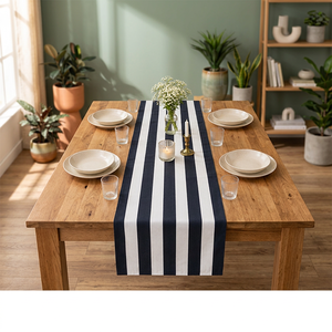 Chemin de table moderne noir rayé en coton, lavable, antidérapant, décoratif pour la maison, les mariages et les dîners - Product Image 2