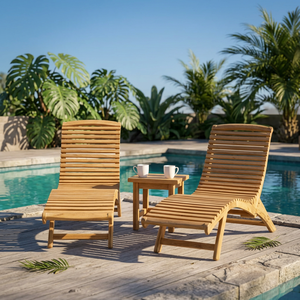 Solid Teak Wood Outdoor Sun Lounger <b>Set</b> 3 Piece Ergonomic Curved Patio Reclining Chairs with Side Table - Product Image 3