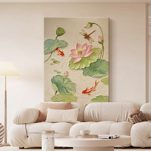 Creamy Lotus And Koi Fish Hand Painted Oil Painting Large Scale Decorative Art For Living Room Dining Room Entrance Hall - Product Image 4