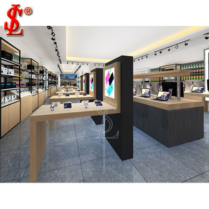 Vitrine moderne en bois et noir pour téléphones portables avec table d'expérience LED et unité murale pour magasin d'électronique, aménagement sur mesure - Product Image 1