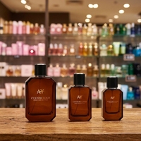 Ensemble de flacons de parfum en verre rectangulaires polygonaux marron de qualité supérieure, logo personnalisable, design géométrique, ensemble de flacons de parfum personnalisés pour marque