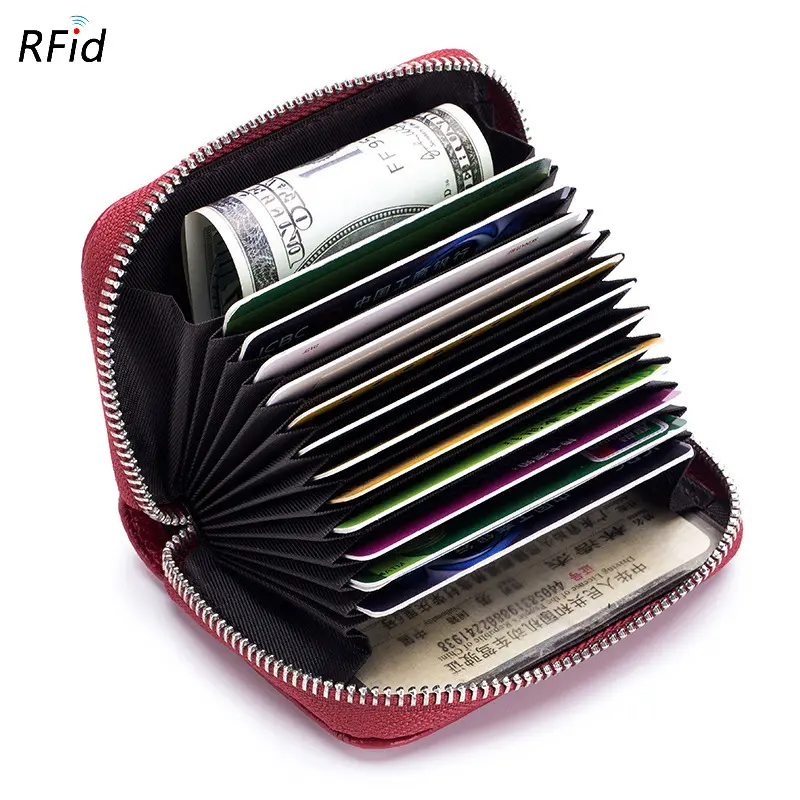 Men's Wallet Genuine Leather Credit Card Holder Blocking Zipper Pocket Men Bag with RFID Card Bag Black Brown Red