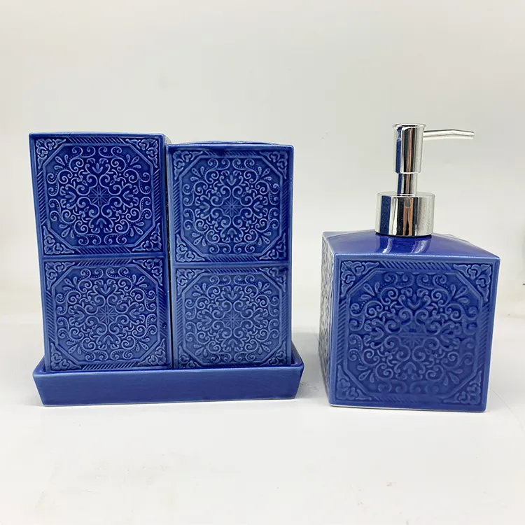 New design 4 pcs hotel europe simple blue ceramic carved style bathroom accessories set