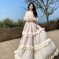 Robe longue vintage française ethnique à épaules dénudées avec dentelle et volants, style bohème, taille naturelle, pour vacances à la plage, tenue romantique pour femme