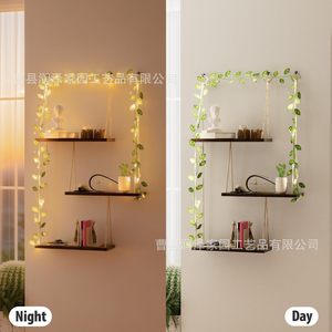 Wall Mounted Hemp <b>Rope</b> Shelf 3 Tier Wooden With Led <b>Lights</b> And Vine Decor For Living Room Storage Display Rack - Product Image 3