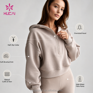 Sweat à capuche oversize <span class=keywords><strong>pour</strong></span> femme, demi-zip, en molleton de coton chaud, respirant et <span class=keywords><strong>anti</strong></span>-boulochage, à manches longues, <span class=keywords><strong>pour</strong></span> le sport et la gym - Product Image 1