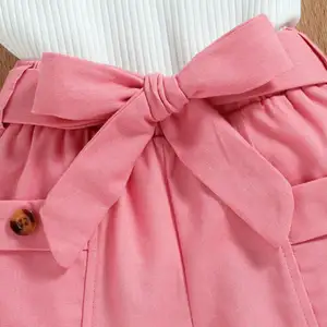Katoenen Zachte Kids Girl Clothes Vest Shorts Riem 3-delige Set Geribbelde Babykleding Klein Meisje Kleding Sets