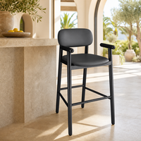 Tabouret de bar avec pieds en bois massif, assise en cuir et accoudoirs, chaise de bar pour îlot de cuisine, siège de comptoir