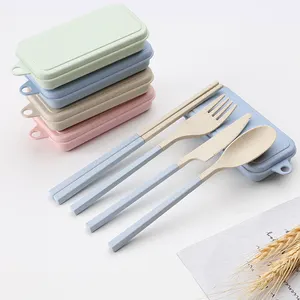 Wholesale ECO-Friendly Flatware Folding Portable Wheat Straw Reusable Cutlery Set With Spoon Fork Knife For Camping