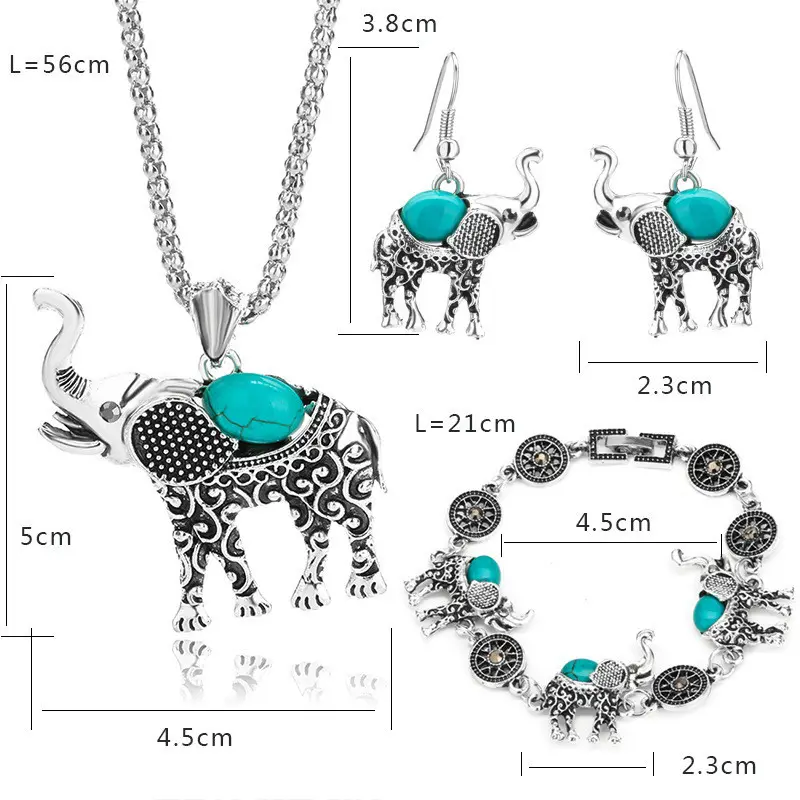 Silver Women's Retro Turquoise Elephant Pendant Necklace Drop Earrings Bracelet Jewelry Sets