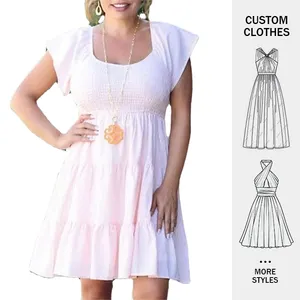 Vestido de Jersey de manga corta personalizado para mujer, vestido informal elegante con cuello cuadrado sólido, vestido Midi a cuadros con costuras en la playa