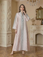 Robe Abaya ample à manches longues pour femmes, col en V, broderie géométrique, détail de pompons, décontractée, respirante, modeste, en polyester
