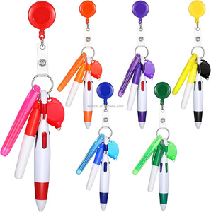 Retractable Shuttle Pen Set Badge Reel Mini Highlighter Neon Marker Pen Key Chain Flashlight Retractable Badge Reel Badge Holder