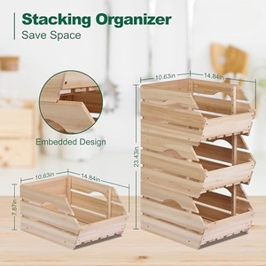 Paniers de rangement en bois - Paniers empilables en bois pour fruits et légumes - Rangement pour fruits et légumes pour l'organisation du garde-manger de la cuisine, lot de 3 pièces - Product Image 3