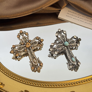 Broche croix vintage pour femme, en cristal, strass et turquoise, <span class=keywords><strong>style</strong></span> Art Déco, argent et or, pour revers de manteau ou de costume, bijou de déclaration - Product Image 4