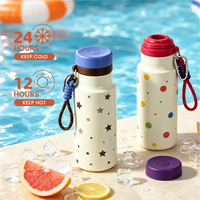 Bouteille d'eau isotherme mignonne à motif de dessin animé, gourde portable en acier inoxydable avec cordon tressé pour l'école, les activités de plein air, les voyages, ou comme cadeau