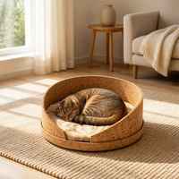 Lit pour chat semi-fermé à toit ouvert en liège naturel, motif uni, coussin en peluche amovible et lavable, écologique, chaud, pour usage intérieur
