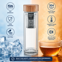Botol Air Kaca Dinding Ganda Kustom Dengan Tutup Bambu dan Infuser Teh 304, Mug Perjalanan Borosilikat Terisolasi OEM Grosir