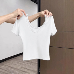 T-<span class=keywords><strong>shirt</strong></span> moulant élégant et sexy pour <span class=keywords><strong>femme</strong></span>, <span class=keywords><strong>col</strong></span> en <span class=keywords><strong>V</strong></span> profond, coupe ajustée, en coton personnalisé, à manches courtes, style crop top pour l'été - Product Image 5