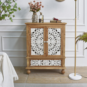 Home Furniture <b>Rustic</b> Solid Wood Carved Eco-friendly Farmhouse 2-Door Storage Sideboard Buffet <b>Cabinet</b> 1 Drawer Kitchen - Product Image 1