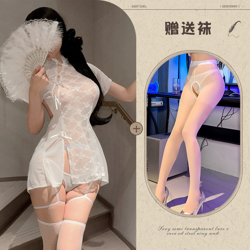 ชุดกี่เพ้าสีขาว Moonlight Lover + ถุงน่องเปิดเป้าสีขาว