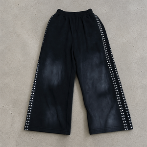 Pantalon de survêtement personnalisé, épais, surdimensionné, délavé soleil, effet usé, coupe empilée, délavé à l'acide, ample, avec strass, jambe large - Product Image 5