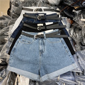 Shorts de Mezclilla de Cintura Alta para <span class=keywords><strong>Mujer</strong></span>, de Verano, Transpirables, Ecológicos, Talla Grande, Holgados, con Borde Rizado, Pierna Ancha, Corte en A, de Alta Calidad - Product Image 1