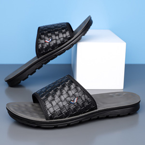 Men's <b>Slides</b> Black Woven Anti-Slippery Soft Sole Outdoor Casual Summer Sandals <b>Slip</b>-On Shoes Youth 18-40 - Product Image 1