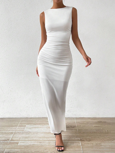 Vestido ajustado sin mangas personalizado para mujer, vestido Sexy de cuello redondo plisado de hilo, vestido ajustado plisado con cuello barco - Product Image 4