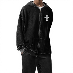 Sweat à capuche noir délavé pour hommes, fermeture éclair, imprimé croix gothique, ailes d'ange, streetwear Harajuku Y2K - Product Image 2