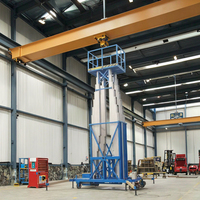 Plateforme élévatrice aérienne en aluminium à double mât durable, en alliage renforcé, avec vérins hydrauliques et pieds de support stables.