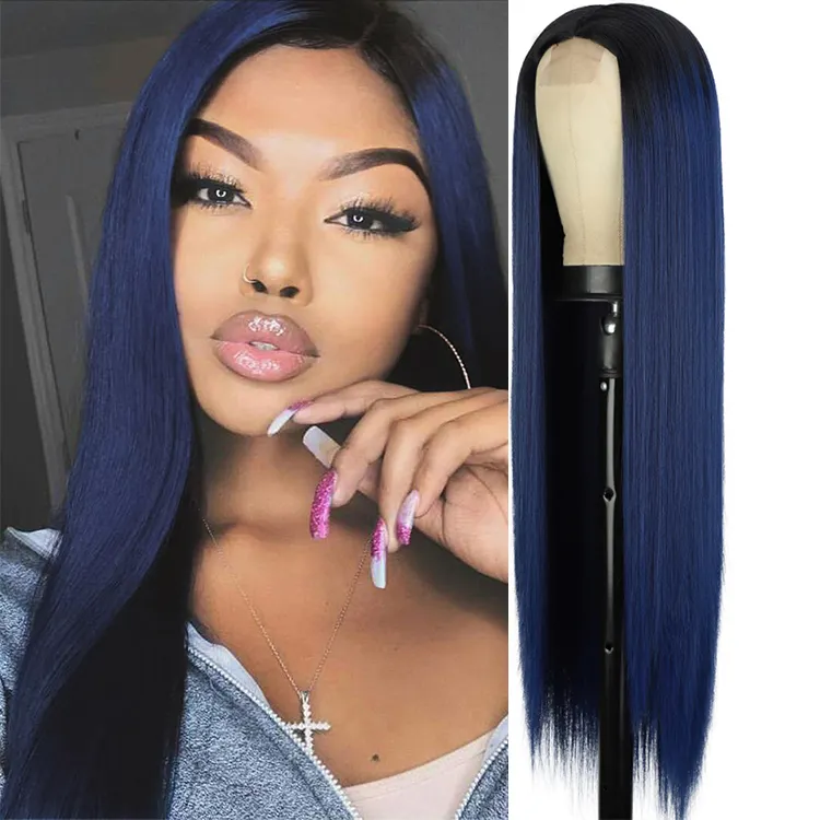 Long straight blue colorful high quality wholesale futura synthetic lace wig vendor wigs synthetic hair blue heat resistant