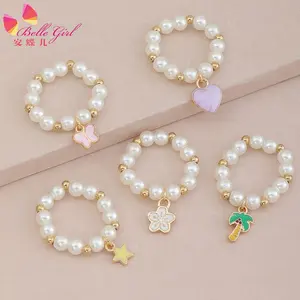 BELLEWORLD Korean new design hot selling wholesale kids rings set cute handmade pearl jewelry ring decorated with heart