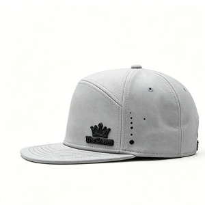 Custom Logo 6 Panel Structured <b>Flat</b> Brim Hat Wholesale Bulk Rubber Patch Grey <b>Cap</b> With Laser Cut Holes Manufacturer - Product Image 3