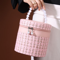 Sac de maquillage cylindrique rond pour femme en tweed de luxe avec poignée en perles, grande capacité, miroir de voyage portable et garniture en cuir
