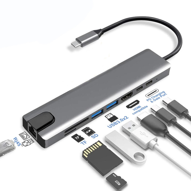 8 in 1 USB Hub for Laptop Adapter PC PD Charge 8 Ports Dock Station RJ45 Compatible TF/SD Macbook Type-C Splitter USB 3.0 Hubs