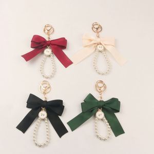 Creative <b>Large</b> Silk Ribbon Bow Knot Pearl Tassel <b>Key</b> <b>Ring</b> Rhinestone Crystal Keychain Silk Screen Fashion for Women Girl - Product Image 3