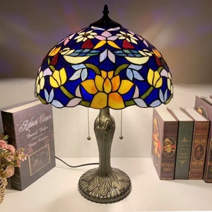 LongHuiJing Tiffany <b>Table</b> <b>Lamps</b> Flower and Birds Stained Glass Lampshade Antique Art Style Desk <b>Lamp</b> With Lotus Metal <b>Base</b> - Product Image 2