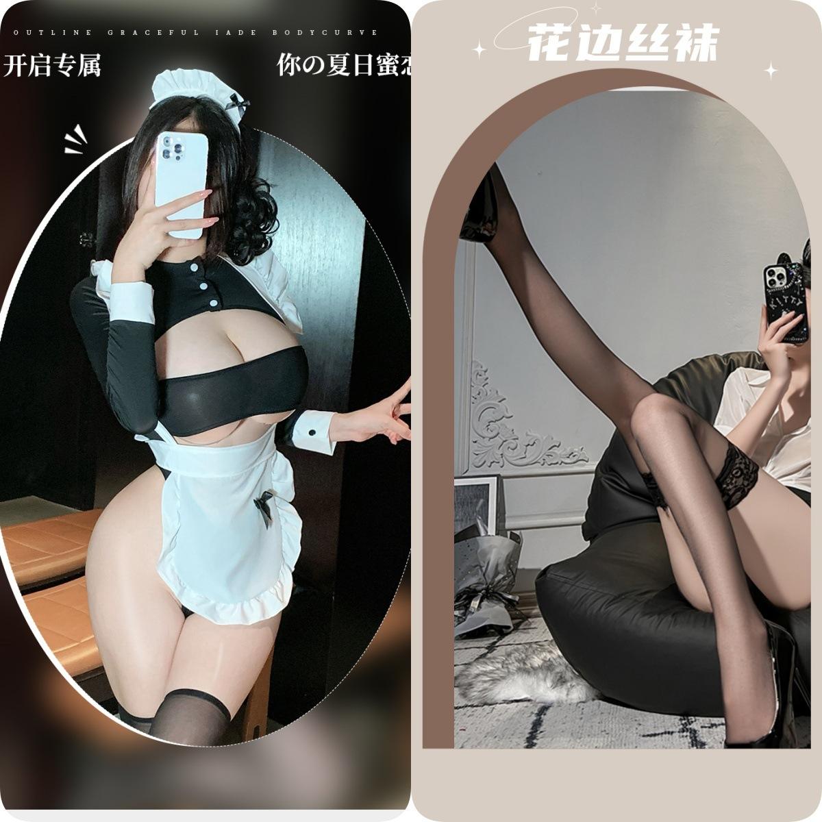 Black and white maid suit + black stockings