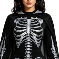 Damen Skelett-Kostüm Silberner Knochen-Print Jumpsuit mit Umhang Halloween Faschingskostüm