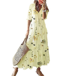 Vestido Largo Casual para Mujer, Estilo Dulce y Holgado, Cuello en V, Manga Farol, Estampado Multicolor, Estilo Retro Simple para Primavera - Product Image 5