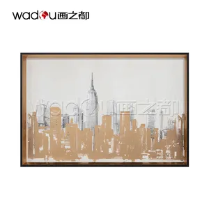 Canvas printing city building with gold foil landscape painting and framed wall art for home decor