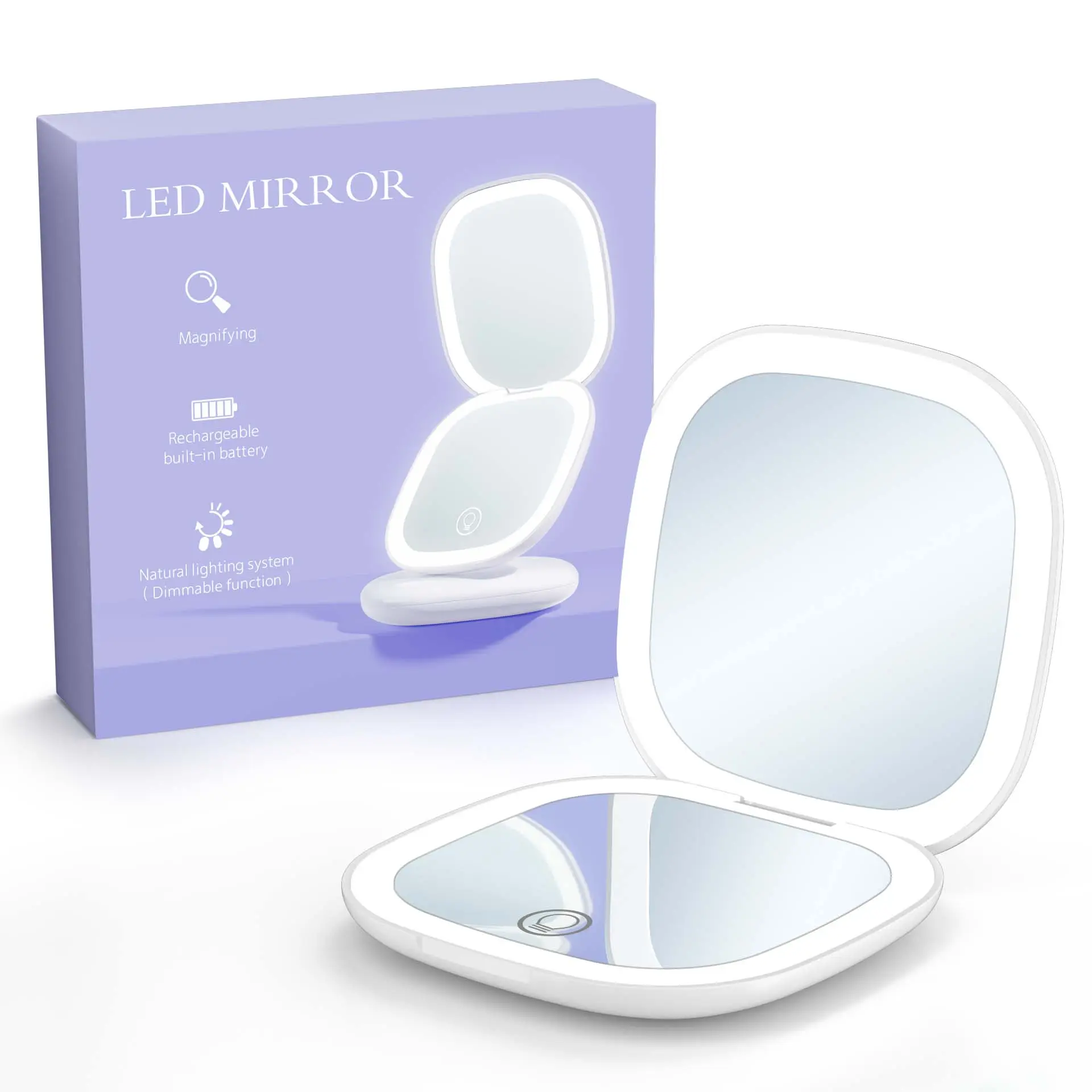 Square Dual-Sided LED Compact Mirror with 1X/5X Magnification Portable Makeup Mirror with LED Lights