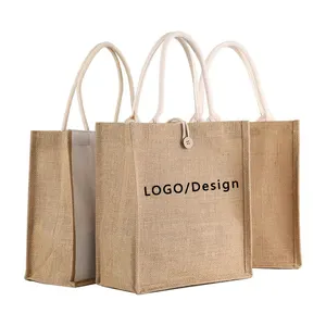 卸売エコフレンドリーナチュラルカスタムプリントロゴ黄麻布リネンジュートバッグメーカー食料品再利用可能なショッピングトートバッグ