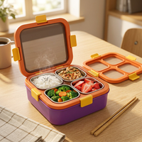 Boîte à lunch carrée étanche à 4 compartiments, insert en acier inoxydable 304, coque extérieure en ABS, anneau en silicone, boîte de préparation des repas