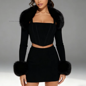 Fall/Winter Women's Fashion Faux Fur Collar <b>Patchwork</b> Long Sleeve Strapless Sexy Bodycon Mini <b>Skirt</b> 2-Piece Set Fashion - Product Image 2